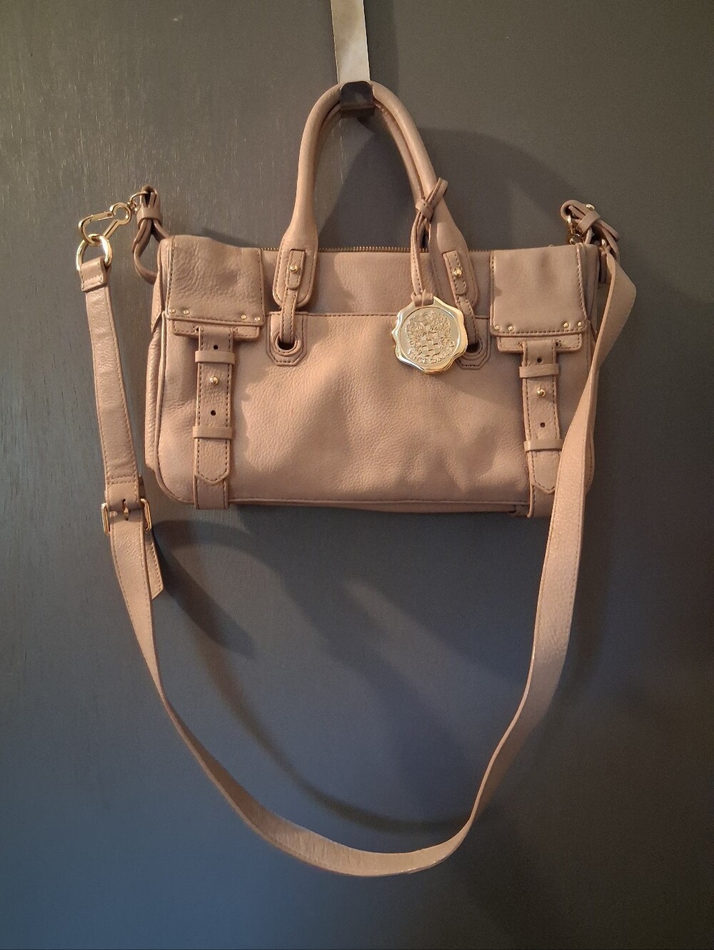 Vince Camuto Taupe Leather Satchel with Gold Accent Medallion